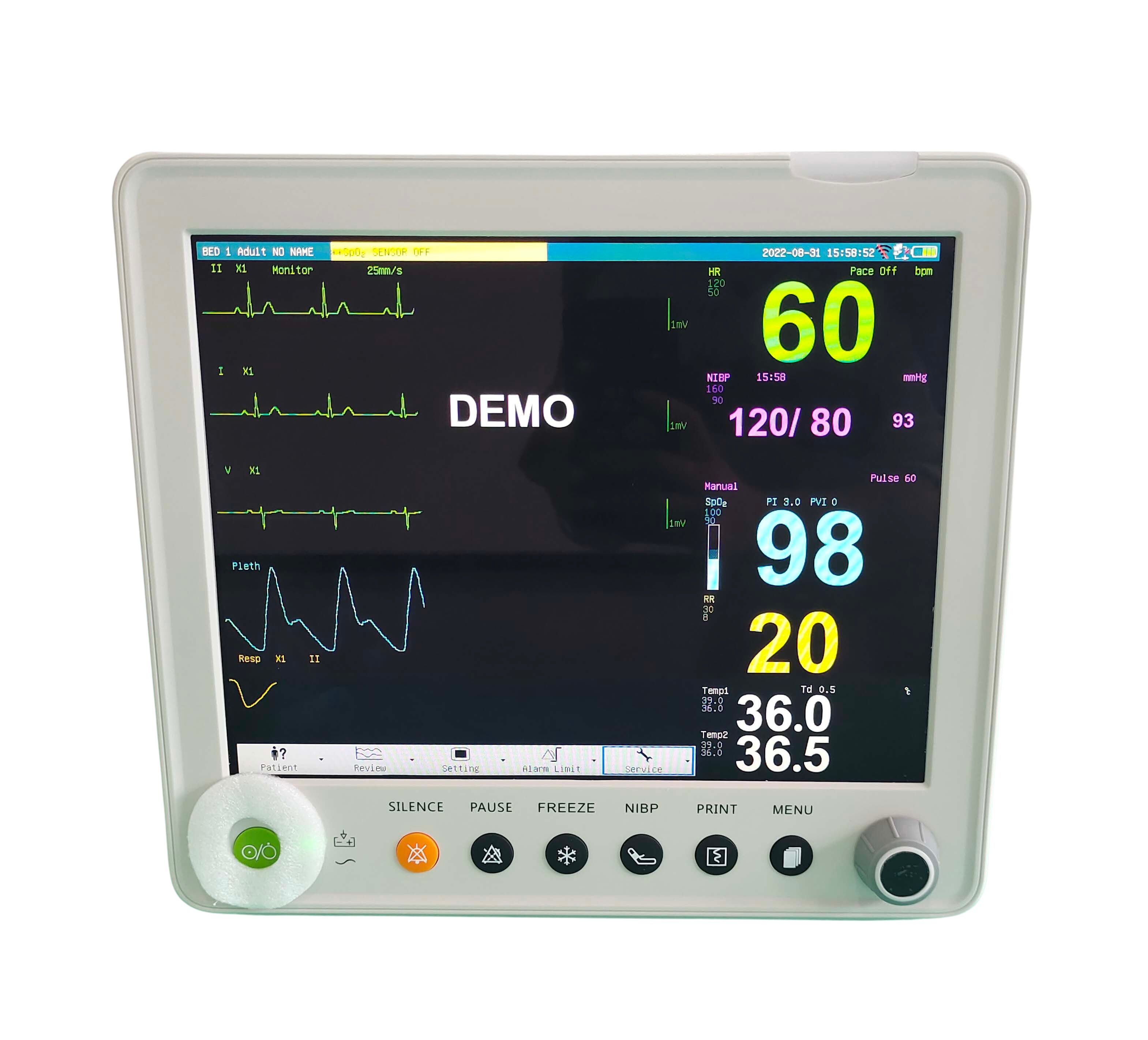 Monitor multiparamétrico veterinario PetyControl VM-12 con pantalla táctil mostrando ECG, SpO2, presión arterial y temperatura