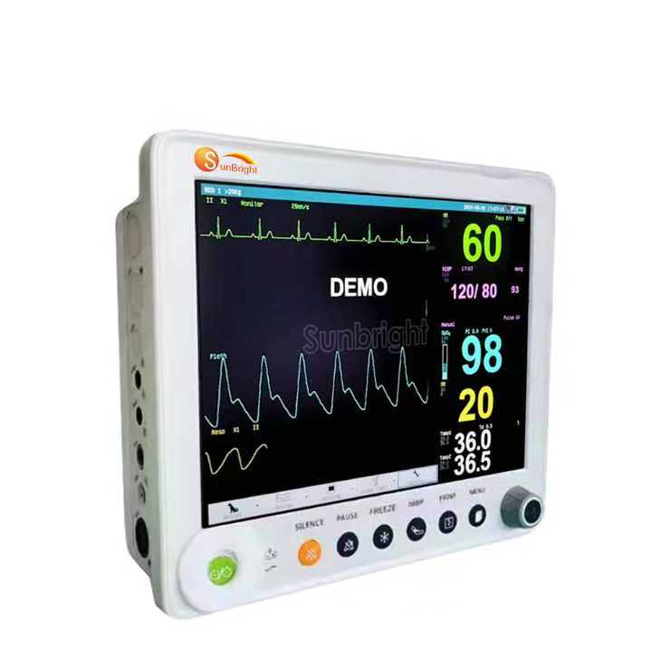 Monitor veterinario PetyControl VM-12 vista en ángulo con pantalla en demostración