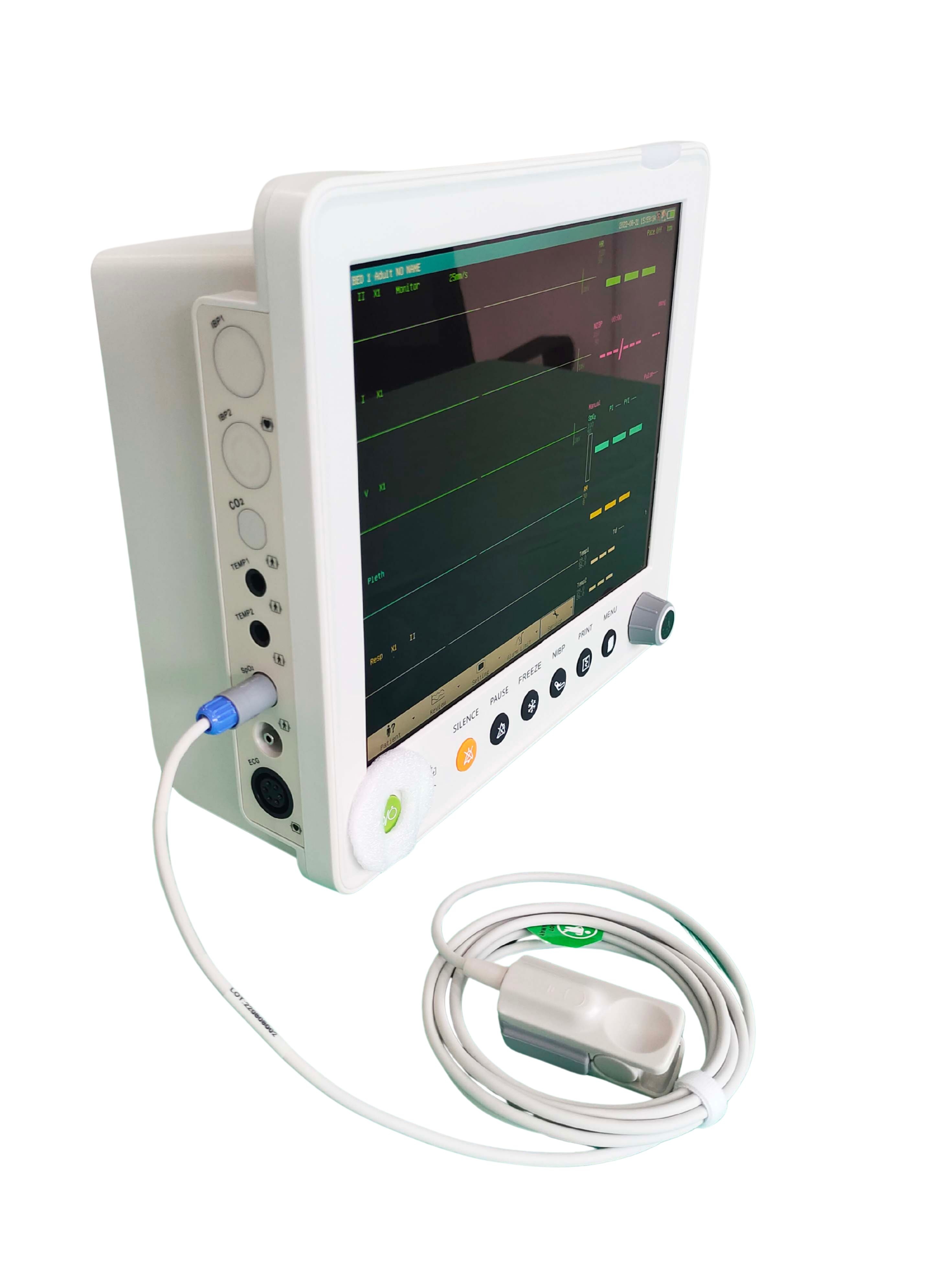 Monitor veterinario VM-12 vista lateral con conexiones CO2, temperatura, NIBP y ECG