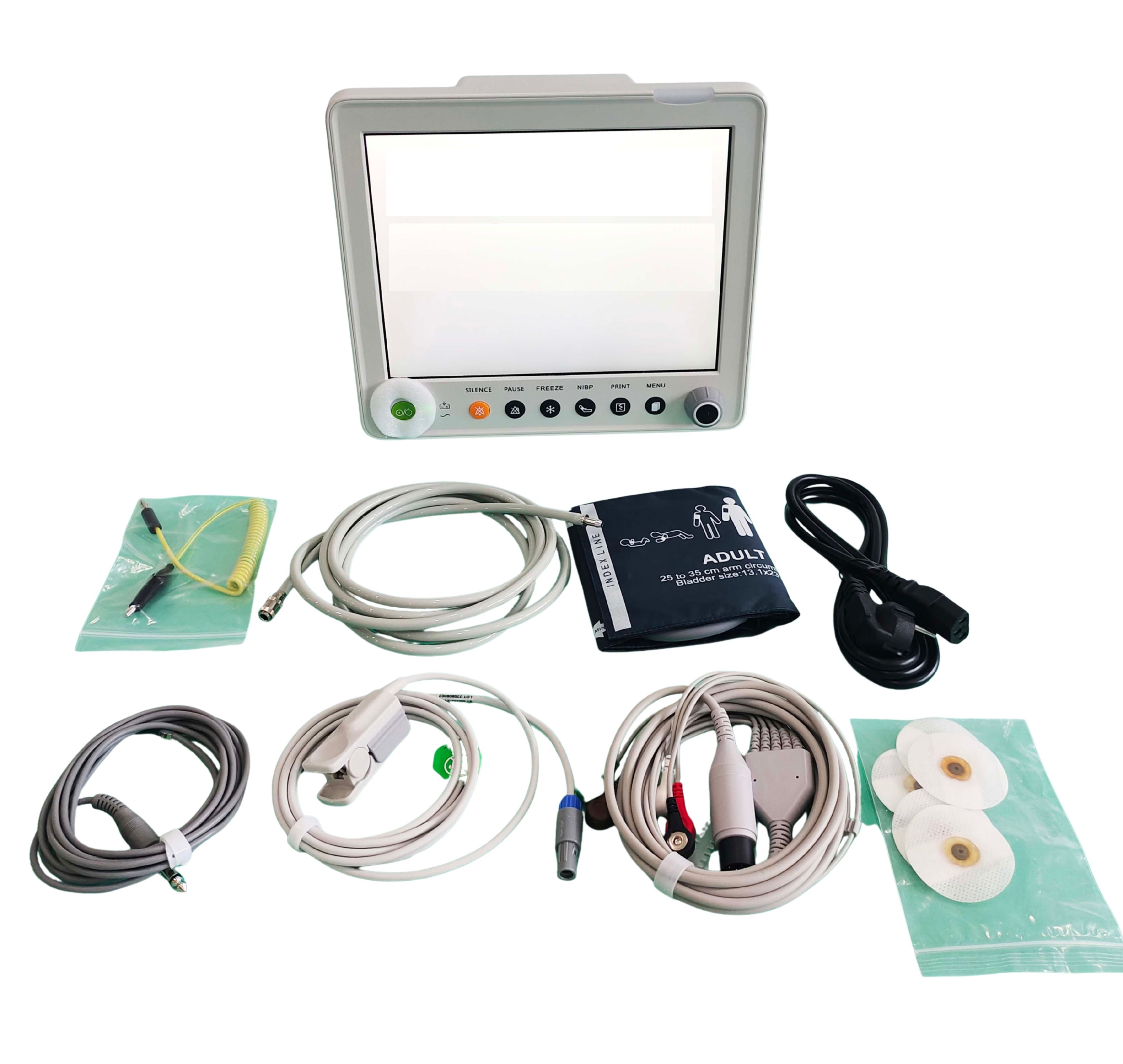 Kit completo del monitor veterinario PetyControl VM-12 con sus accesorios: cable ECG, sensor SpO2, manguito de presión, sonda de temperatura, electrodos y cable de alimentación
