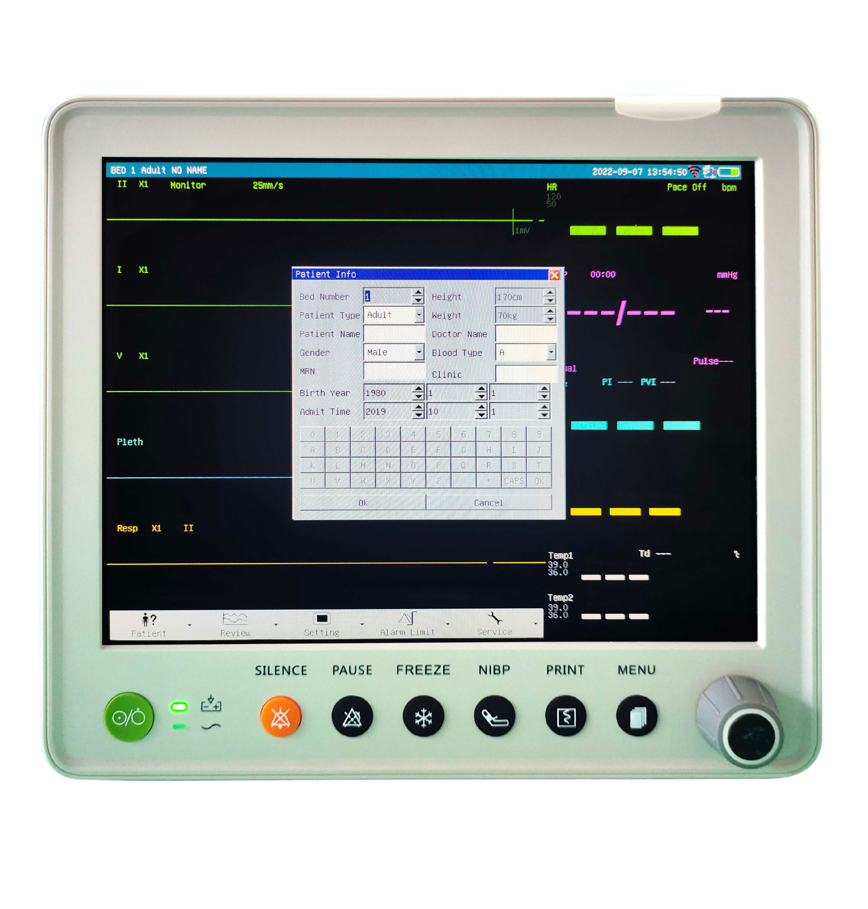 Monitor veterinario VM-12 con pantalla de datos del paciente